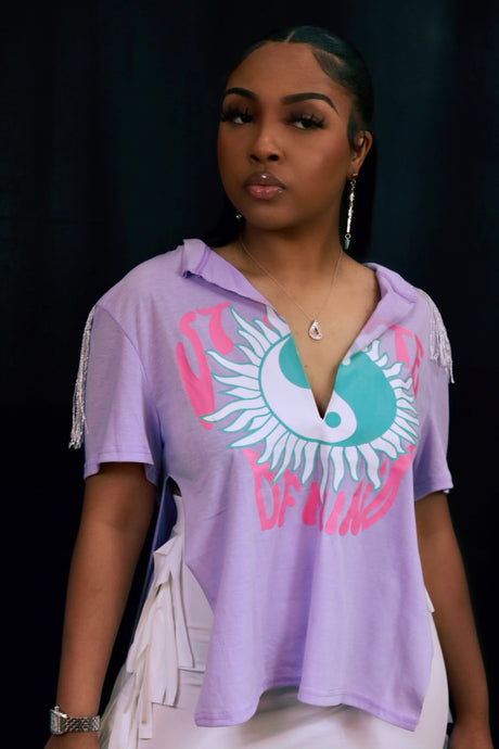 Short Sleeve V- Neck Graphic Fringe Top